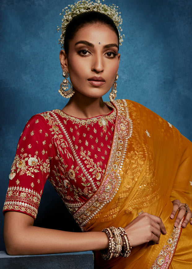 Sunshine Orange Embroidered Designer Tissue Saree