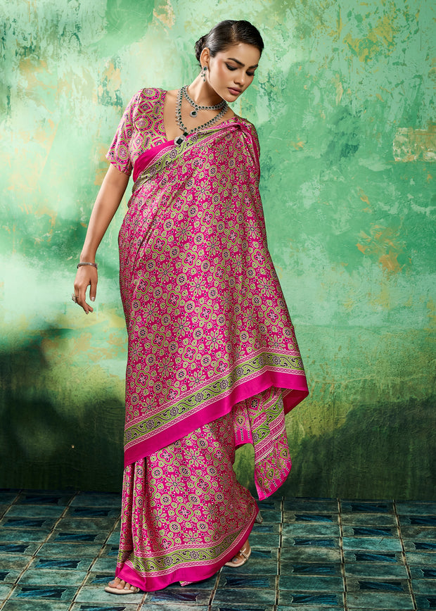 Pink Printed Satin Silk Saree