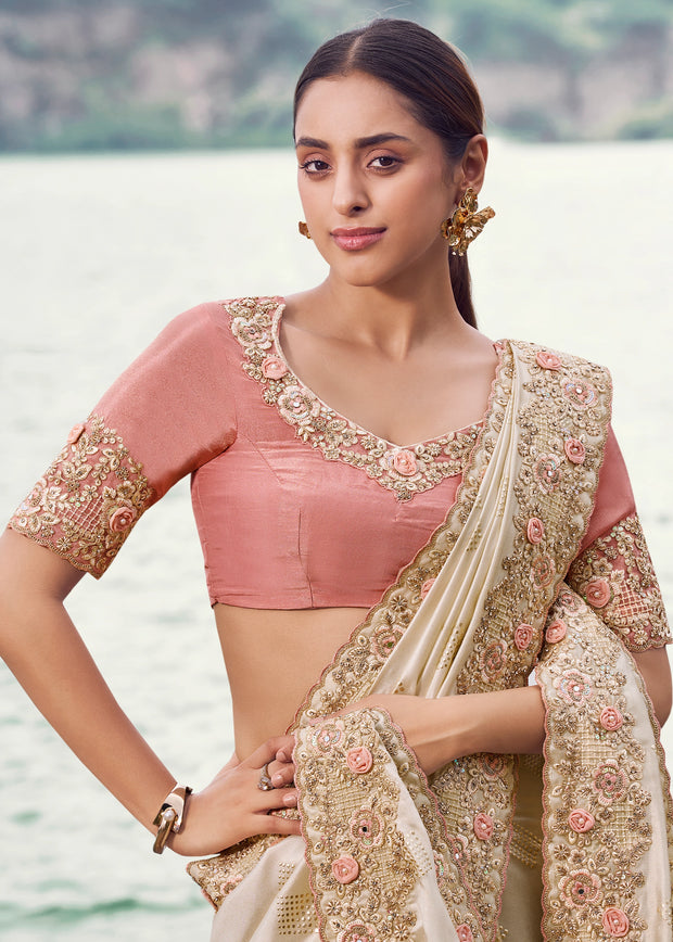 Ivory Woven Embroidered Satin Silk Saree