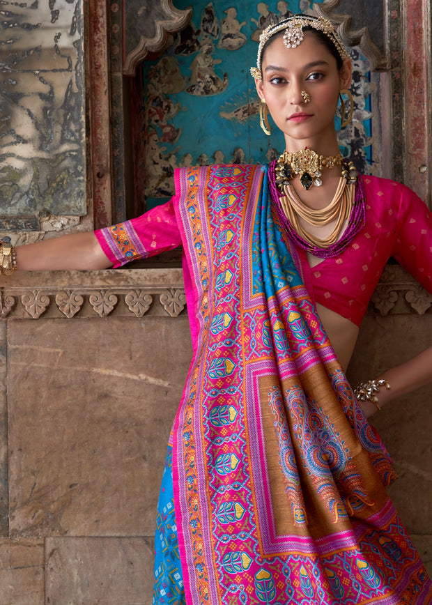 Sky Blue Patola Printed Silk Saree