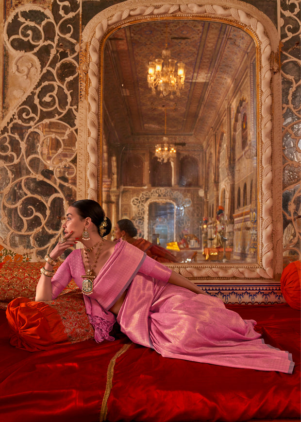 Carnation Pink Woven Kanjivaram Silk Saree