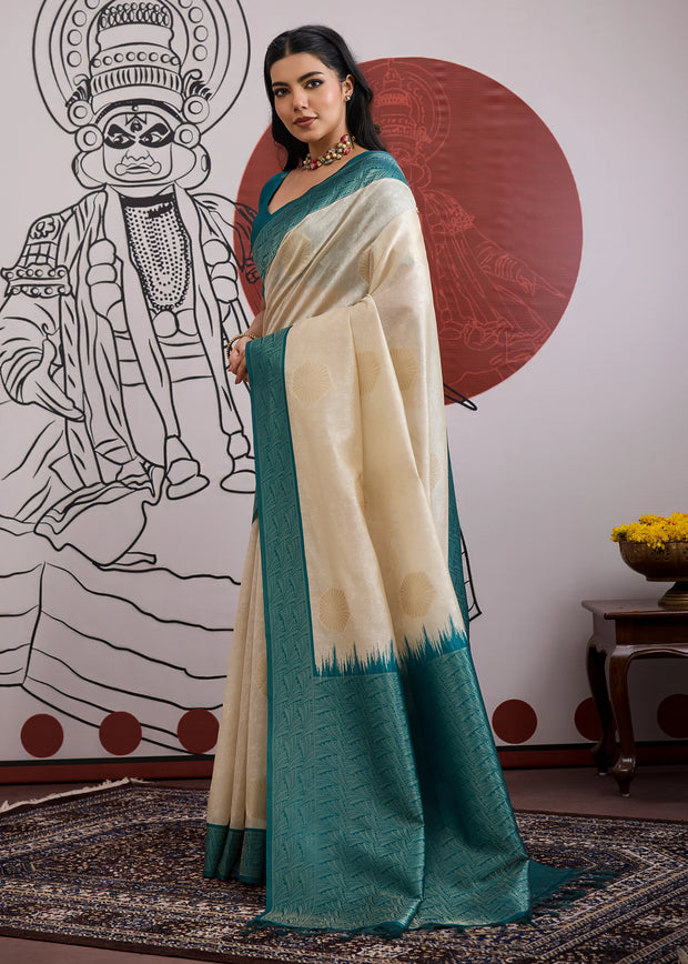 Blue Border Ivory Woven Banarasi Silk Saree