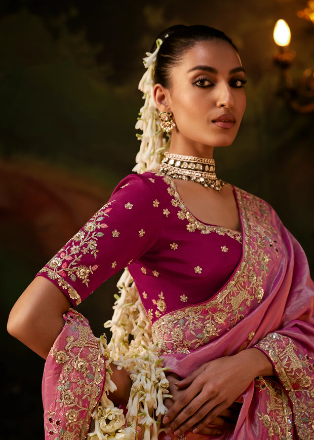 Dusty Rose Embroidered Tissue Saree