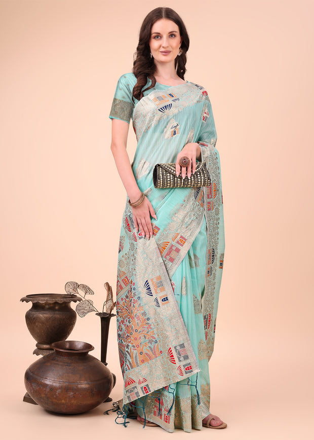 Angel Blue Woven Linen Cotton Silk Saree