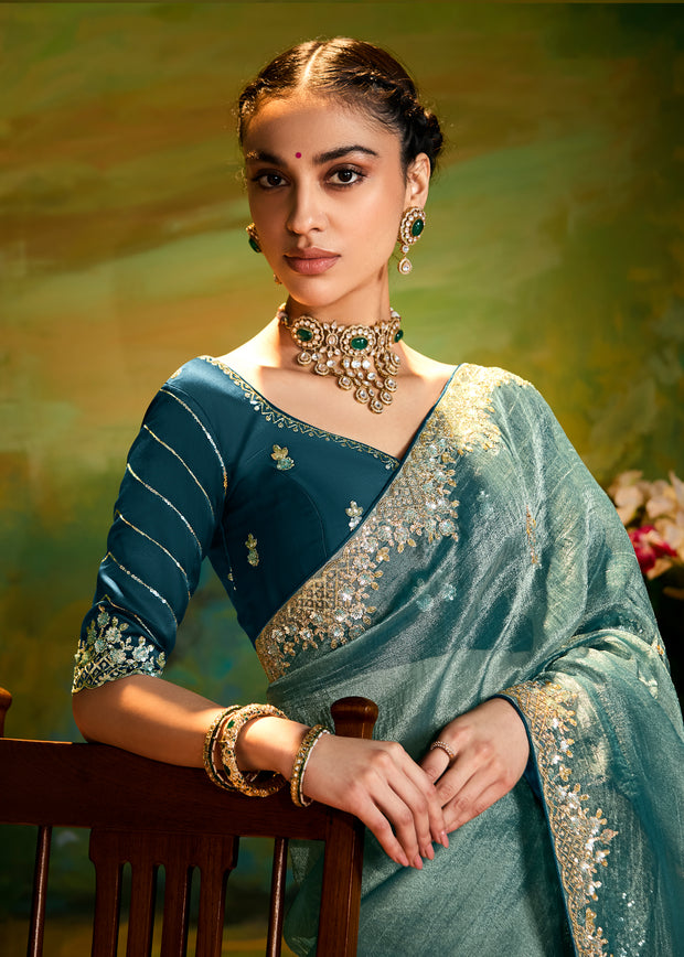 Storm Blue Heavy Embroidered Designer Silk Saree With contrast Blouse