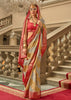Beige And Red Printed Satin Silk Saree