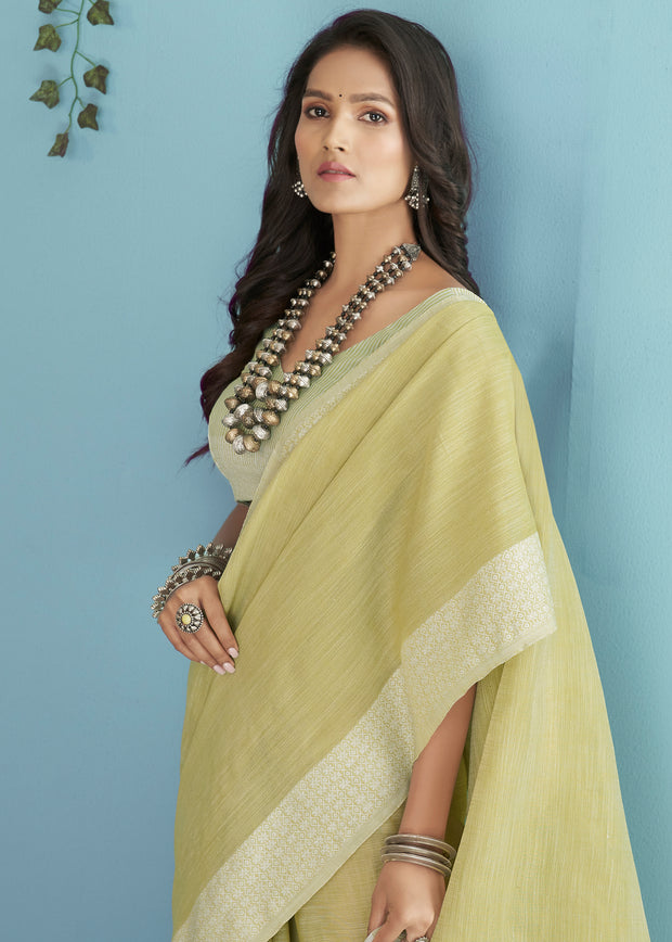 Muted Green Woven Linen Silk Saree