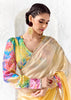 Off White And Yellow Designer Organza Silk Saree With Printed Blouse