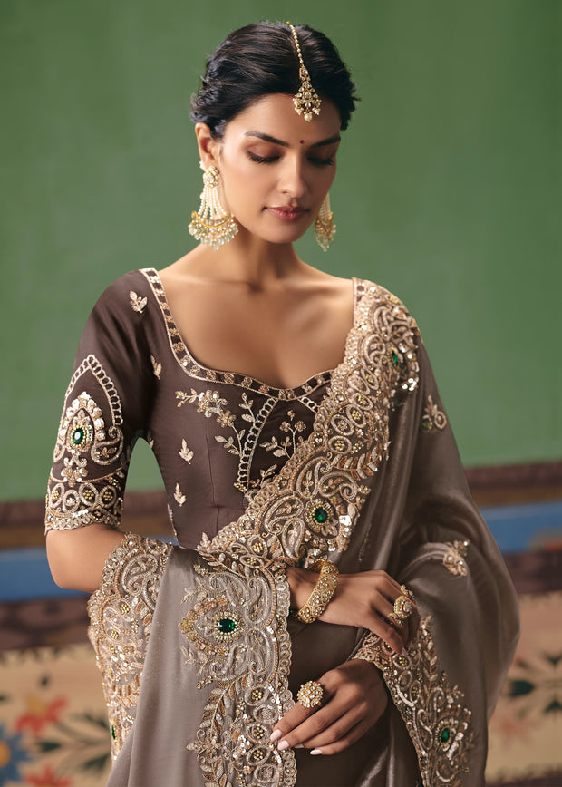 Aluminum Grey Embroidered Designer Saree