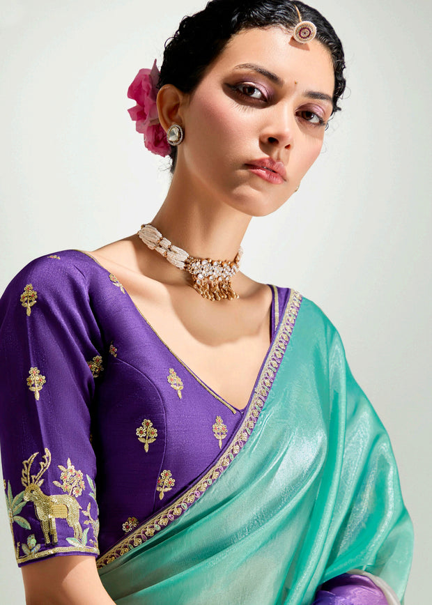 Bright Purple Ombre Tissue Designer Tissue Saree With Embroidered Blouse