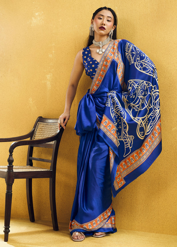 Cobalt Blue Satin Silk Saree with Ajrakh Printed Pallu and Blouse