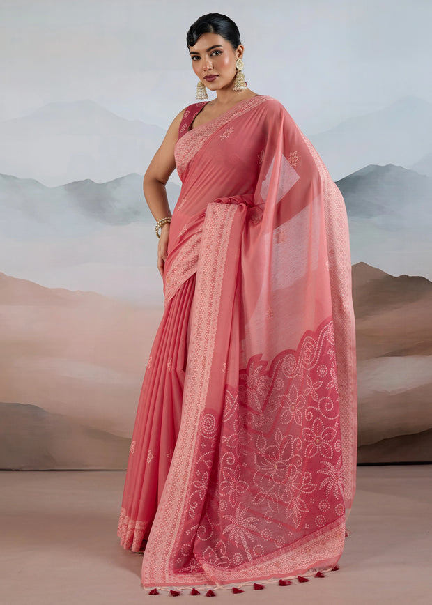 Flamingo Pink Woven Cotton Saree