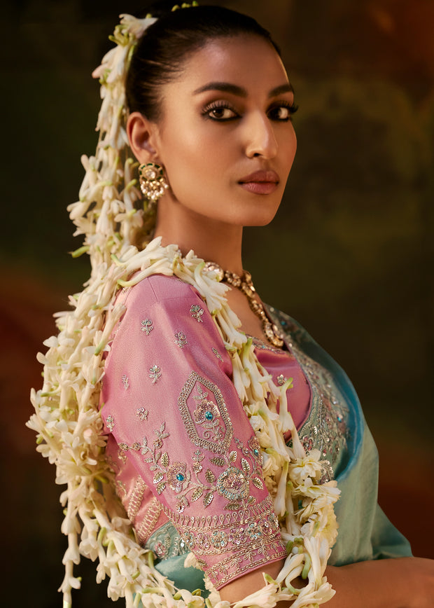 Powder Blue Embroidered Tissue Saree