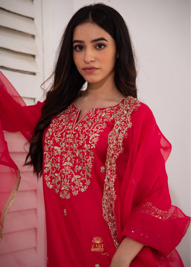 Red Filigree Bloom Silk Suit (10702044070081)