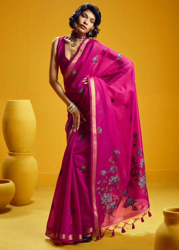 Fuchsia Pink Woven Munga Cotton Silk Saree