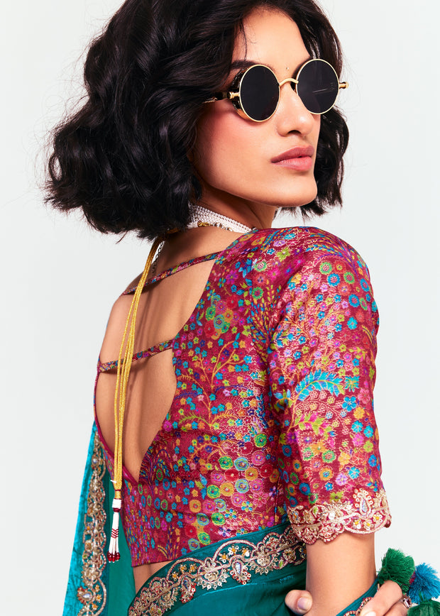 Teal Blue Designer Embroidered Tissue Saree