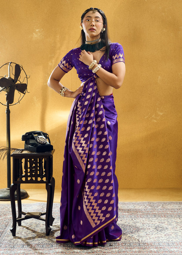 Vibrant Purple Woven Banarasi Satin Silk Saree
