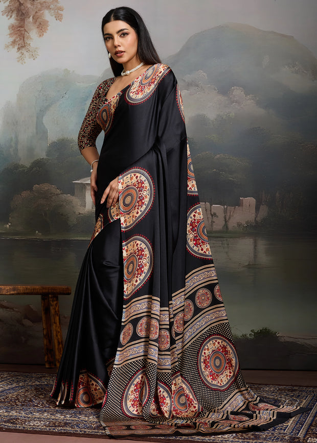 Ink Black Printed Satin Silk Saree