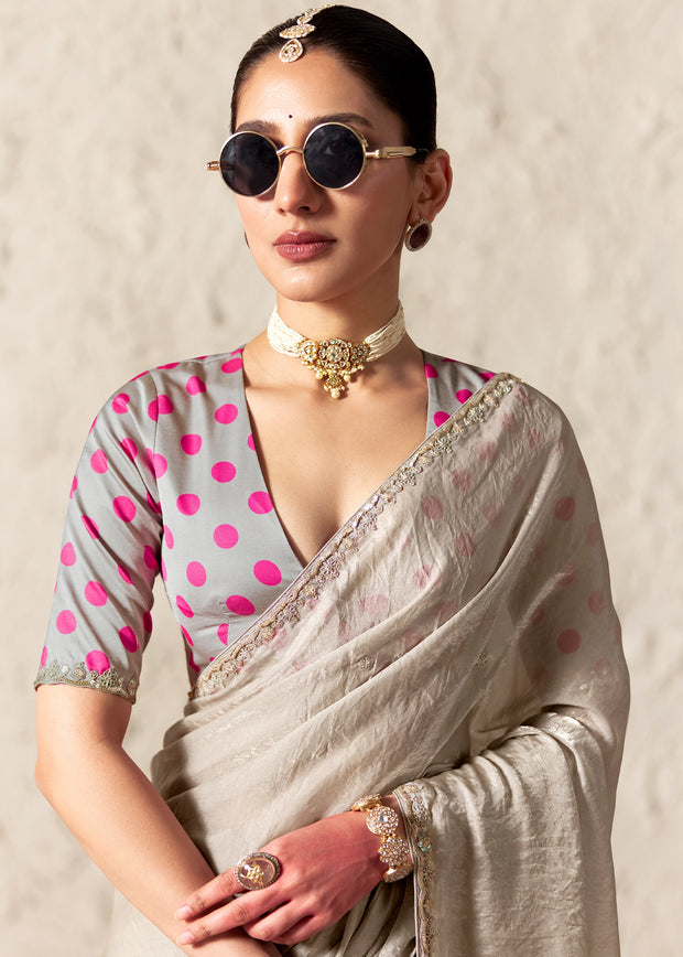 Silver Grey Designer Organza Tissue Silk Saree With Printed Blouse