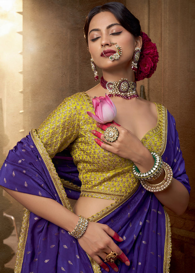 “Exclusive Offer” : Woven Designer Embroidered Silk Saree With Contrast Blouse