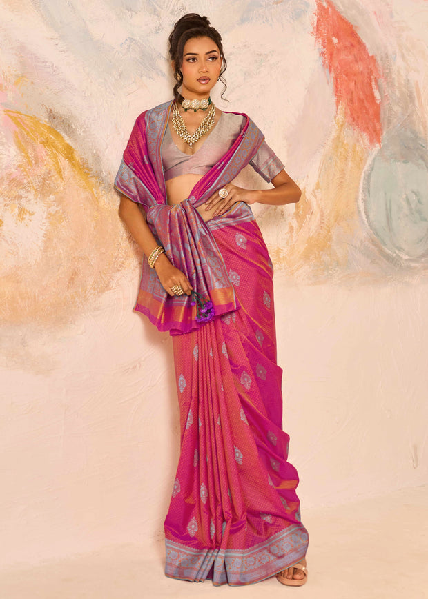 Flamingo Pink Woven Kanjivaram Silk Saree
