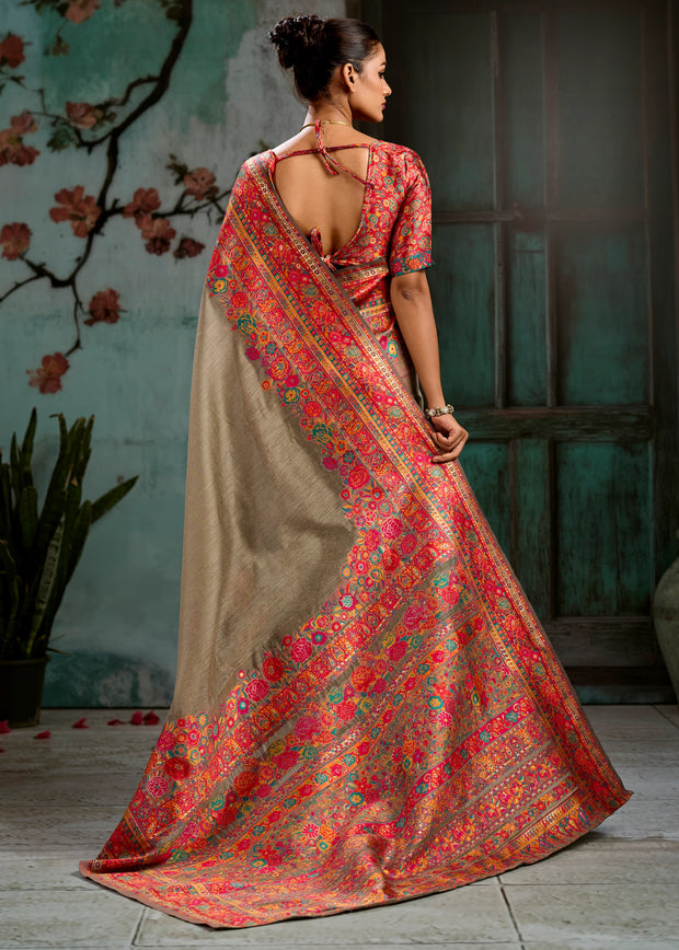 Grey Woven Cotton Kashmiri Jamewar Saree