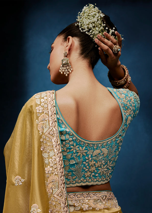 Misted Yellow Embroidered Designer Tissue Saree