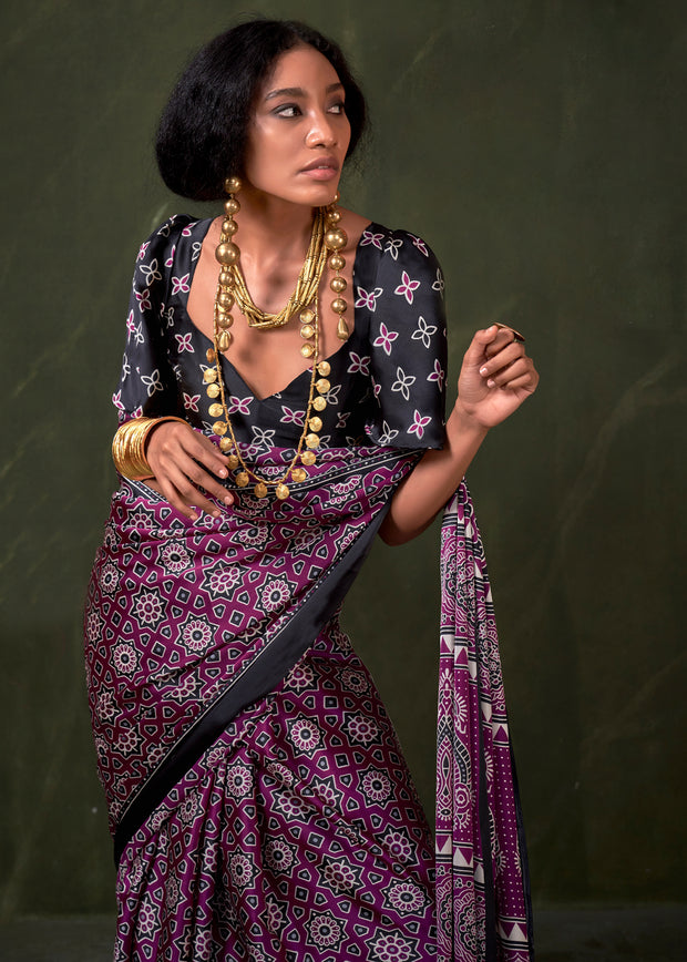 Phlox Purple Printed Satin Crepe Silk Saree