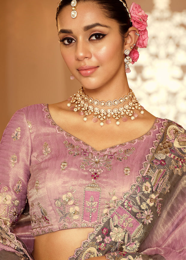 Onion Pink Designer Embroidered Silk Saree