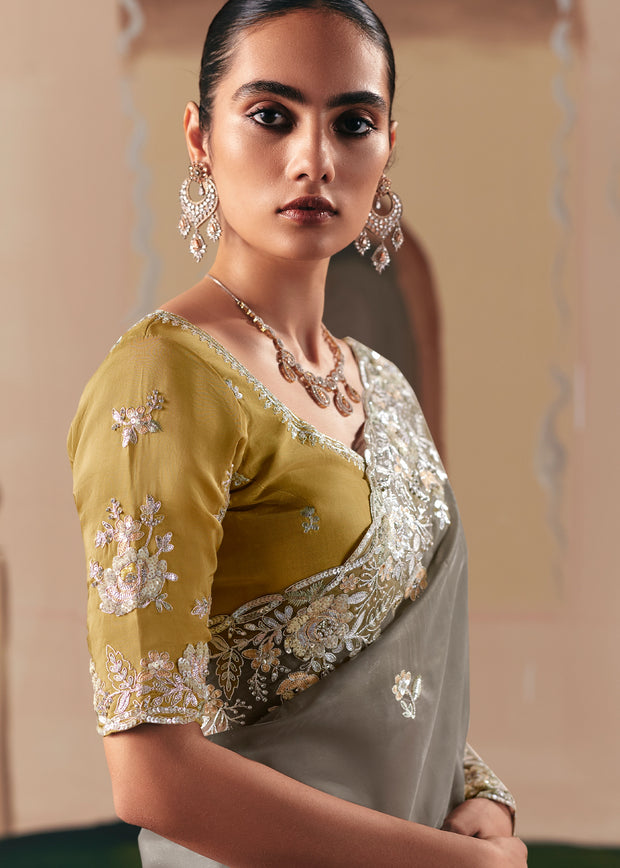 Taupe Grey Embroidered Designer Saree