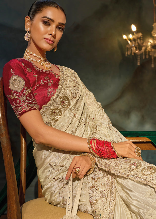 Creamy White Embroidered Kanjivaram Silk Saree
