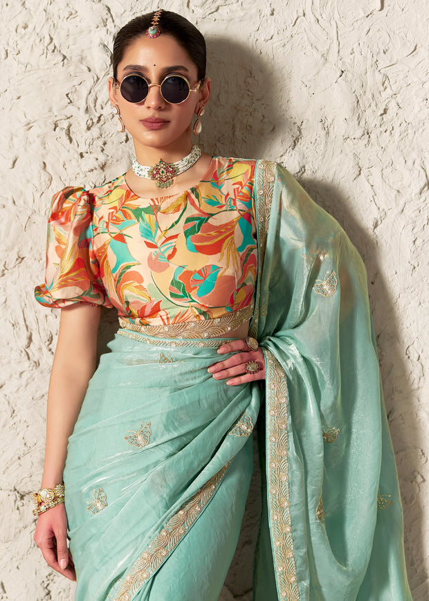 Delight Blue Designer Organza Tissue Silk Saree With Printed Blouse