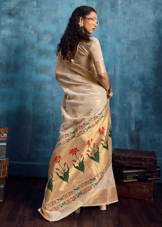 Antique White Woven Paithani Tissue Silk Saree