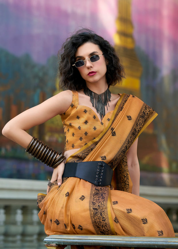 Dusky Orange Woven Tissue Linen Silk Saree