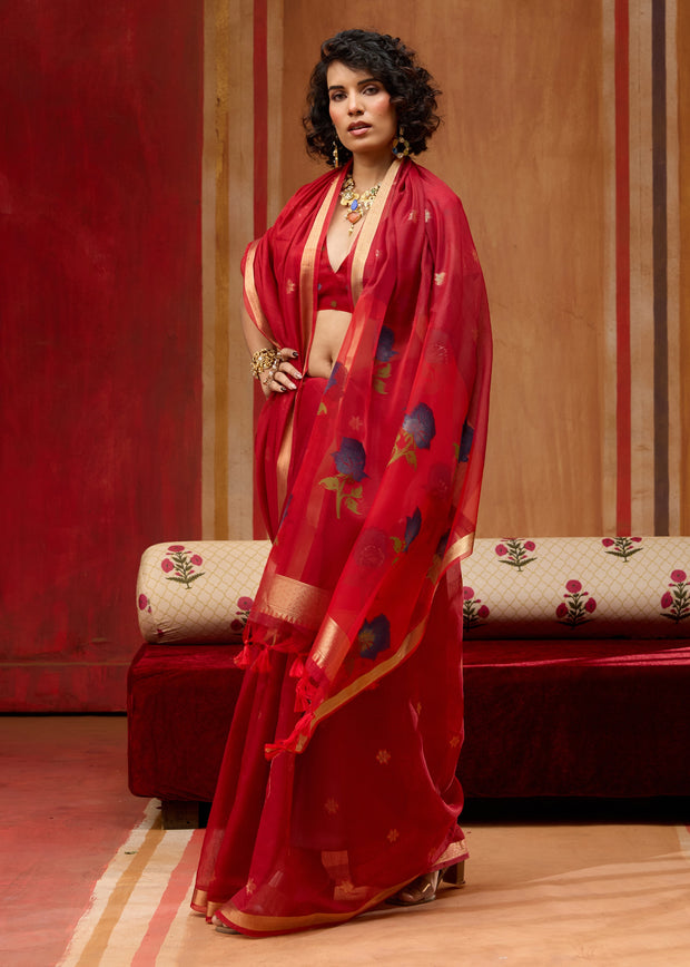 Cherry Red Woven Cotton Organza Saree