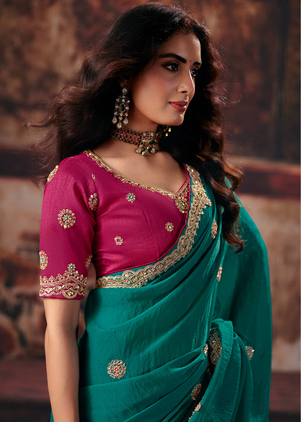 Rama Green Designer Silk Saree With Embroidered Blouse