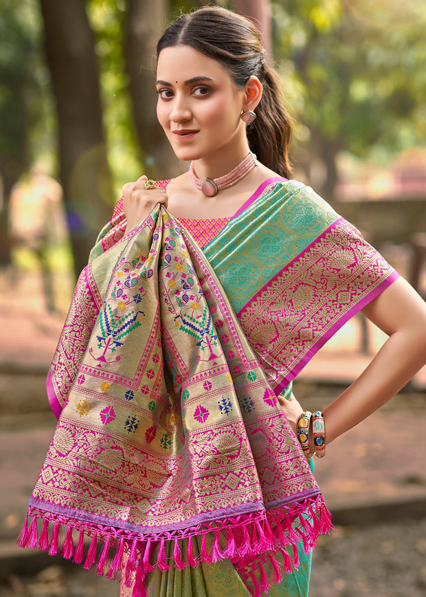 Golden Green Woven Kanjivaram Silk Saree