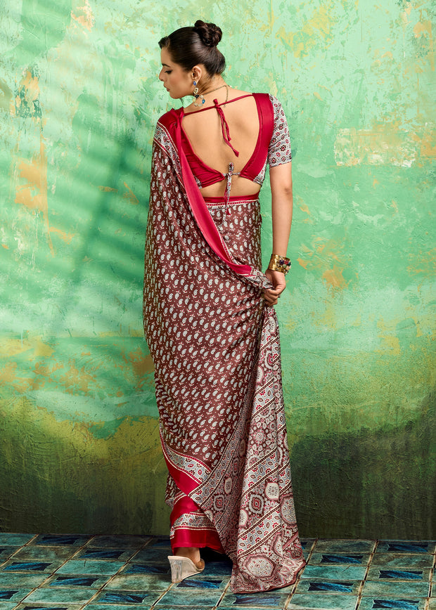 Chocolate Brown Printed Satin Silk Saree