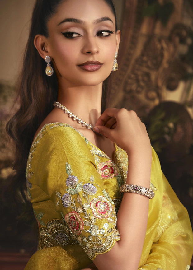 Mimosa Yellow Designer Tissue Organza  Saree