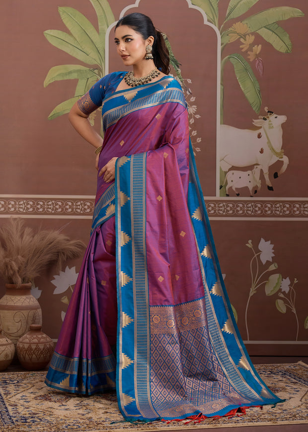 Vivd Purple Woven Tussar Silk Saree