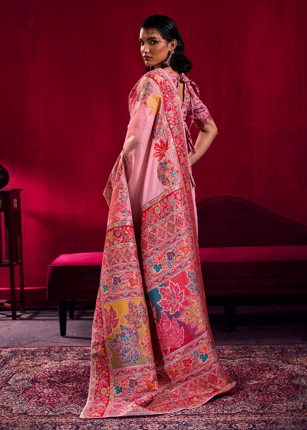 Aurora Pink Woven Cotton Kashmiri Jamewar Saree