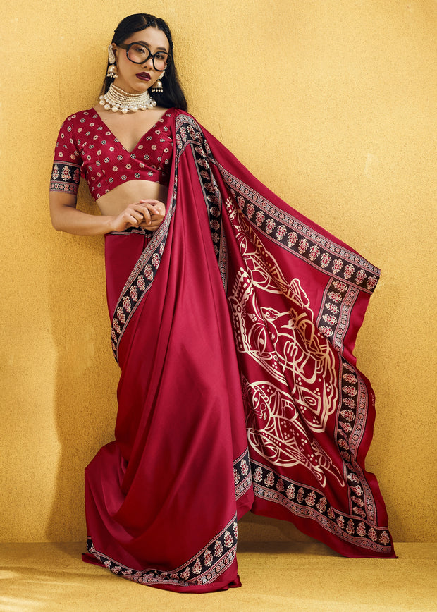 Red Satin Silk Saree with Ajrakh Printed Pallu and Blouse