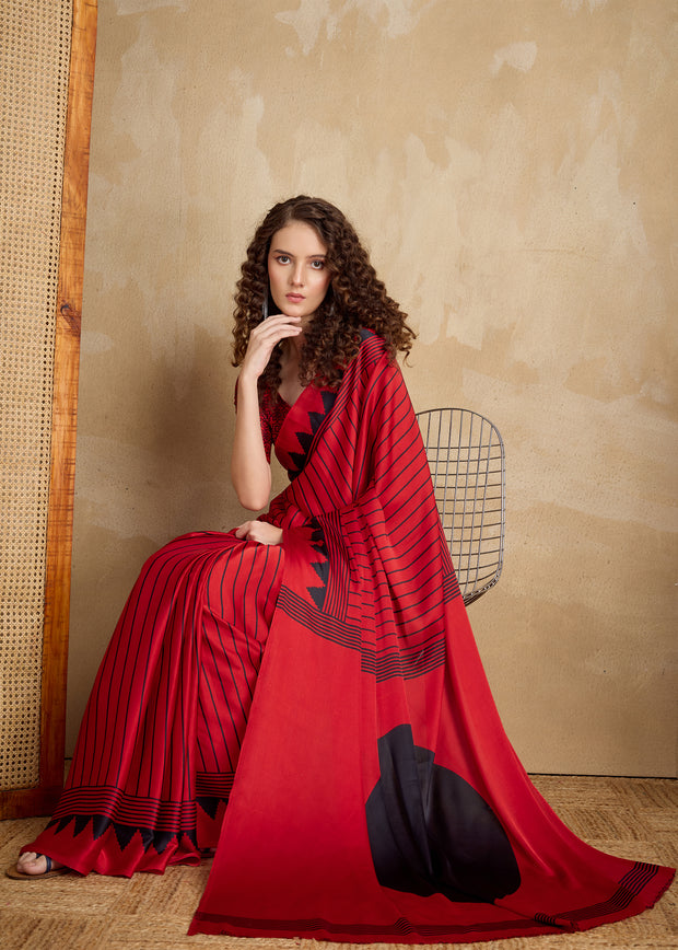 Aurora Red Printed Satin Silk Saree