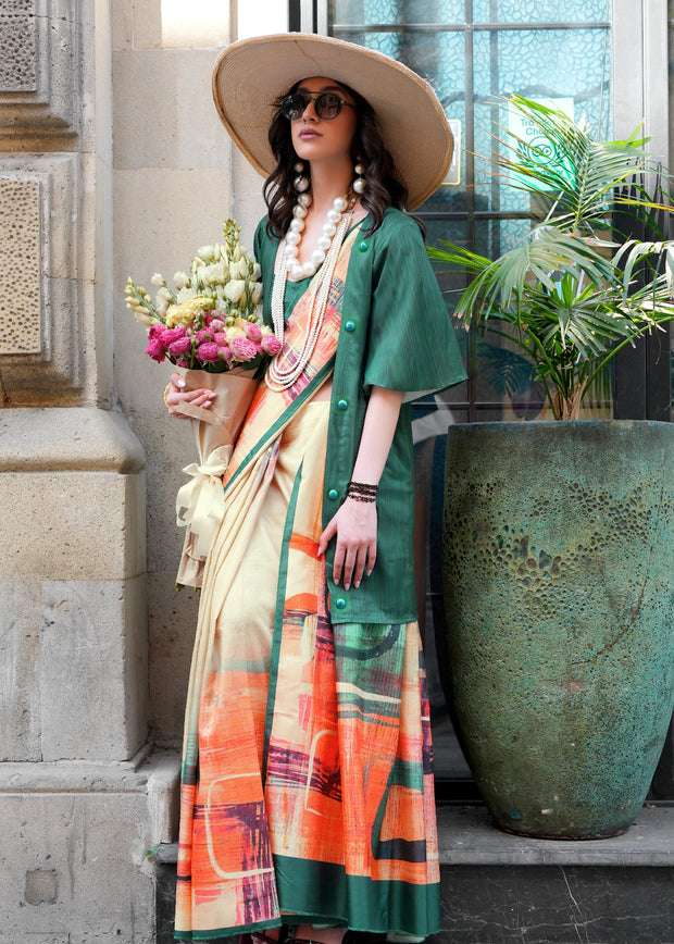 Cream Beige Digital Printed Soft Silk Saree