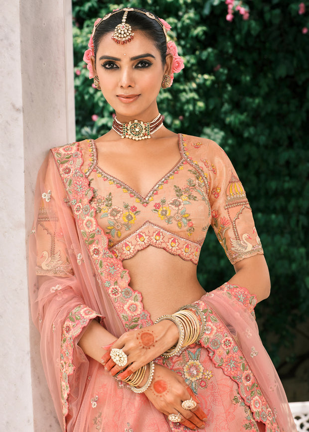Coral Peach Heavy Embroidered Designer Lehenga