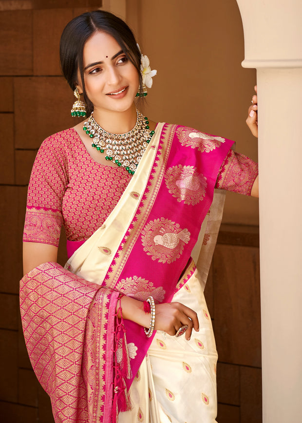 Off White & Pink Woven Banarasi SIlk Saree