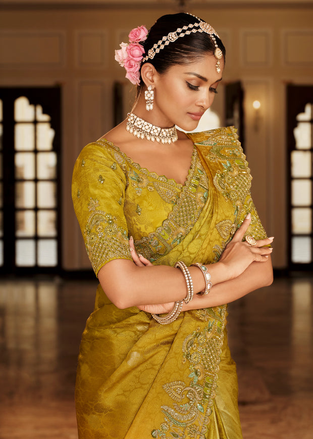 Shades Of Yellow Designer Embroidered Silk Saree