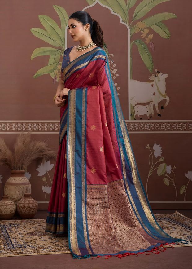 Amarican Red Woven Banarasi Tussar Silk Saree