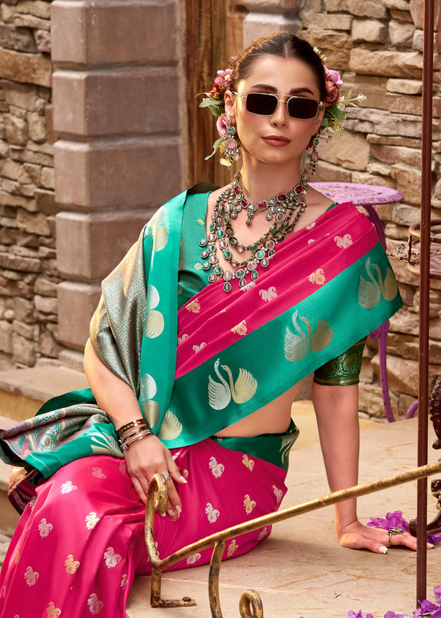 Fuchsia Pink Banarasi Satin Silk Saree