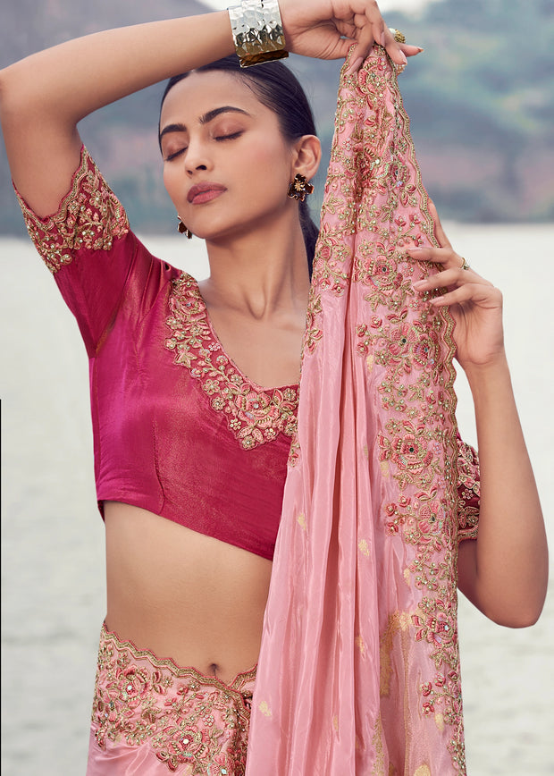 Pink & Peach Woven Embroidered Tissue Organza Saree
